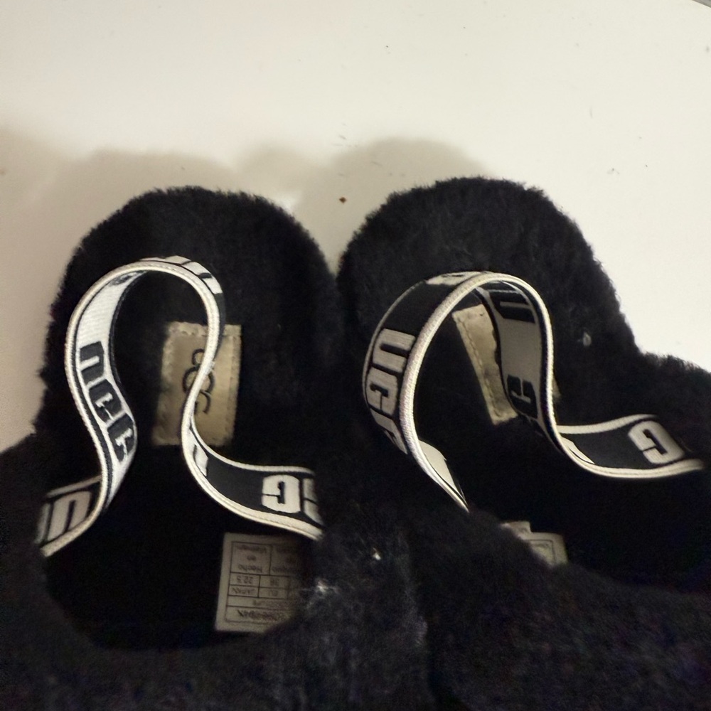 UGG Black Fluff Slide Sandals with Branded Heel Strap - Picture 3 of 6